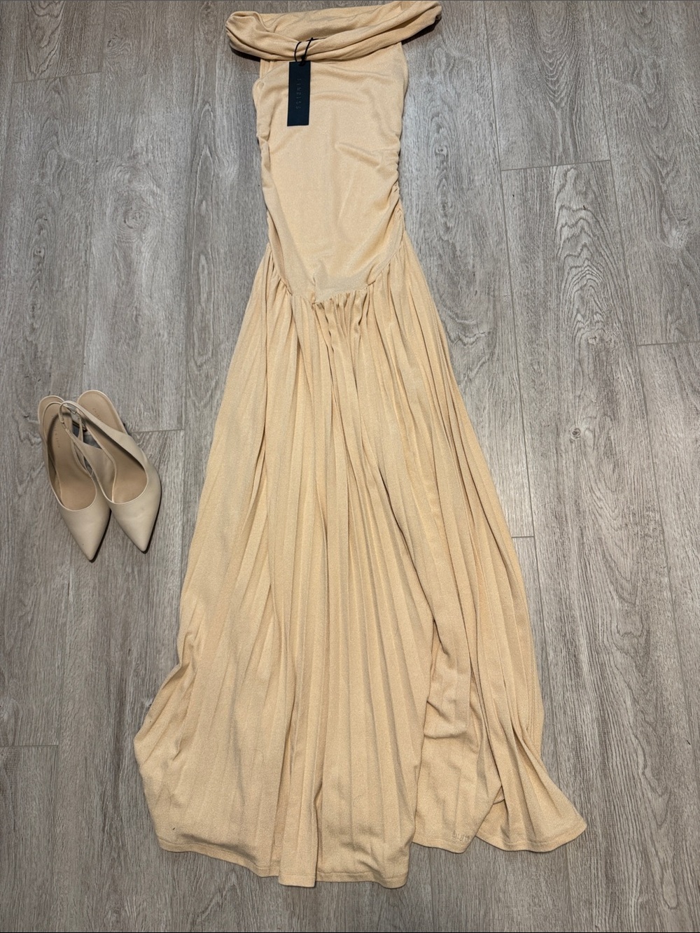 Lioness Beige Off-Shoulder Pleated Maxi Dress - Picture 2 of 7